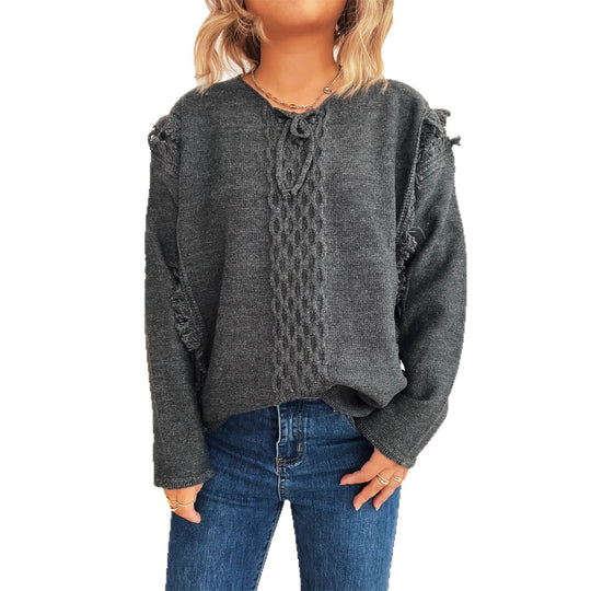 Damen Oversize-Strickpullover mit verspieltem Fransen-Design und Zopfmuster Heidi-Mode