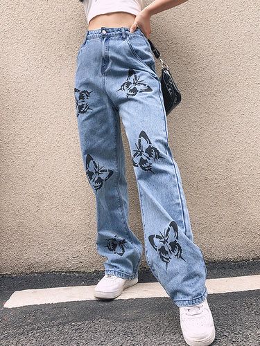 Damen Weit geschnittene Jeans mit kreativem Schmetterlingsdruck Heidi-Mode
