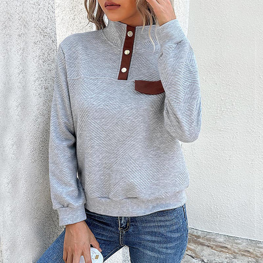 Damen Stehkragen Sweatshirt mit Knopfdetails und Brusttasche Heidi-Mode