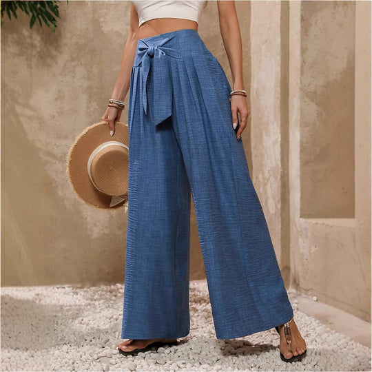 Damen Weite Hochtaillierte Hose mit Schleifenbund und Falten Heidi-Mode