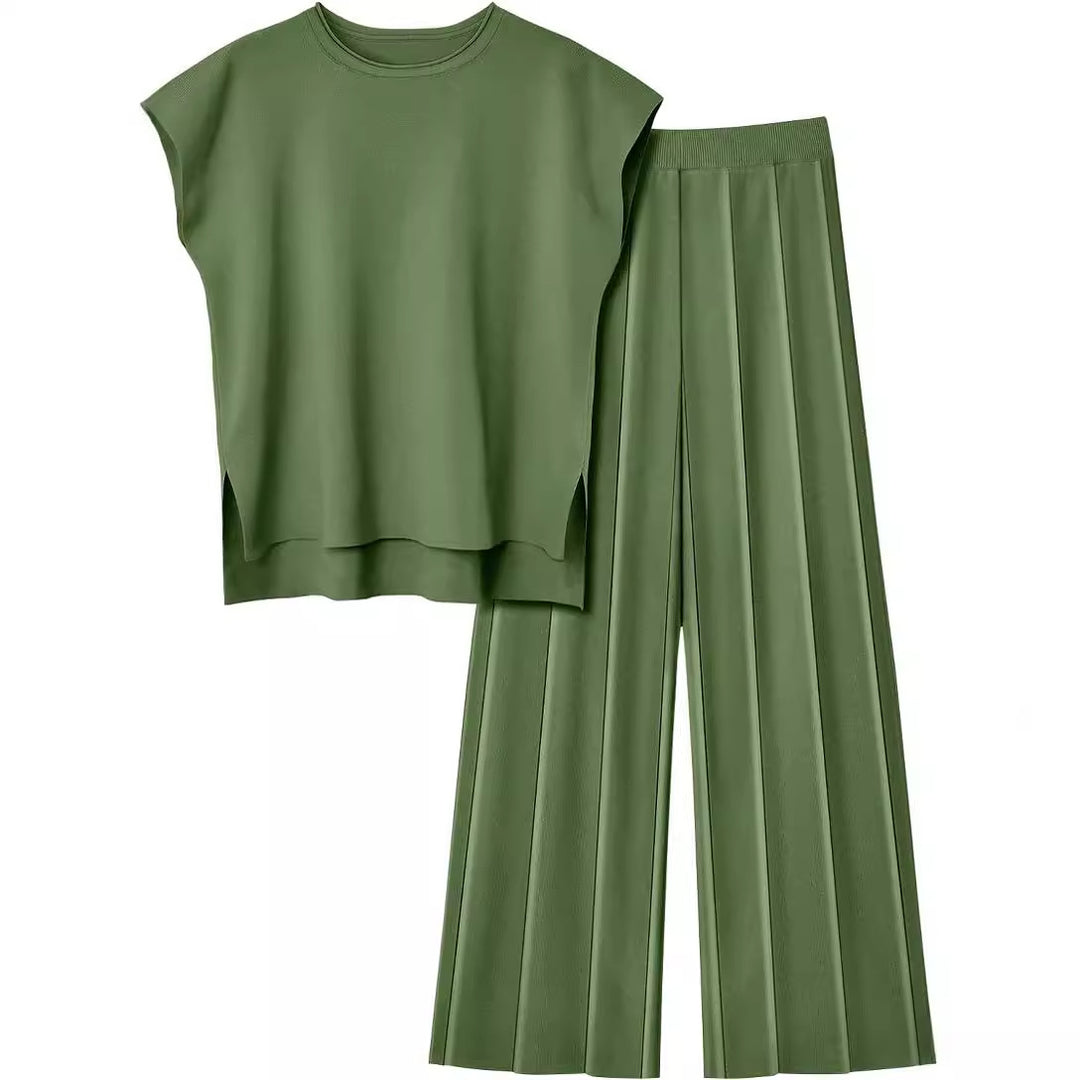 Damen elegantes Set mit kurzärmligem Oberteil und plissierter Hose Heidi-Mode