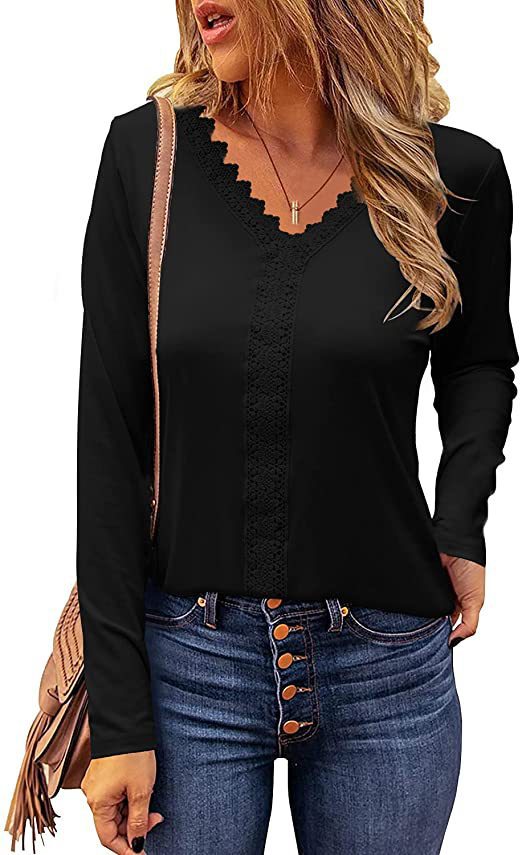 Damen elegantes V-Ausschnitt Longsleeve-Shirt mit Spitzenbesatz Heidi-Mode