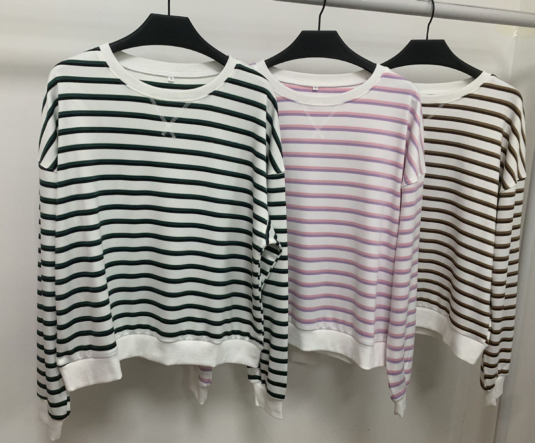 Damen lässiger Sweatshirt mit modernem Streifenmuster und Rundhalsausschnitt Heidi-Mode