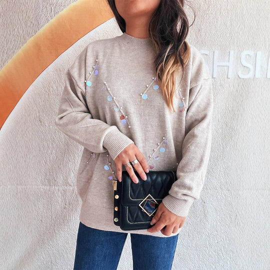 Damen Pullover mit modischen Perl- und Strassdetails Heidi-Mode