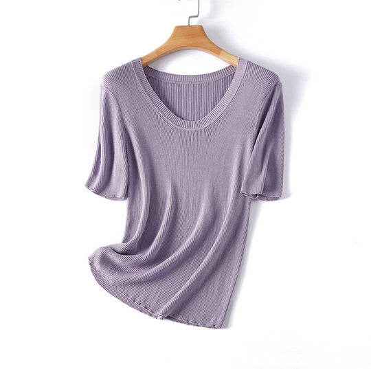 Femme Rippstrick Kurzarm V-Ausschnitt Top Heidi-Mode