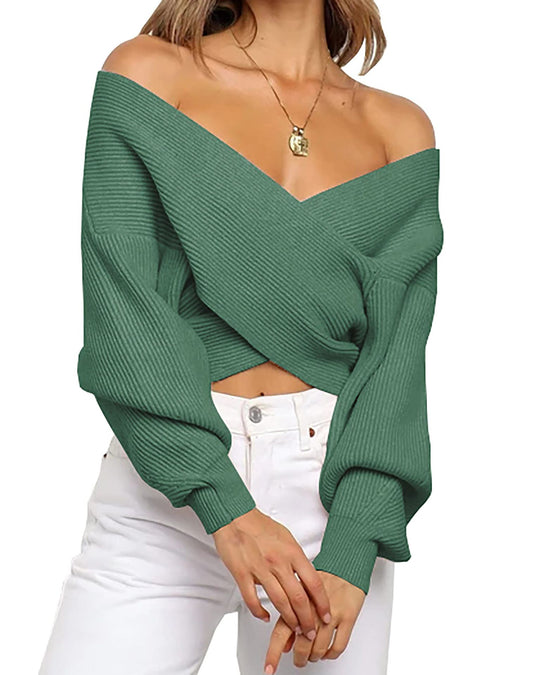 Damen eleganter cropped Pullover mit weitem V-Ausschnitt und Rippstruktur Heidi-Mode