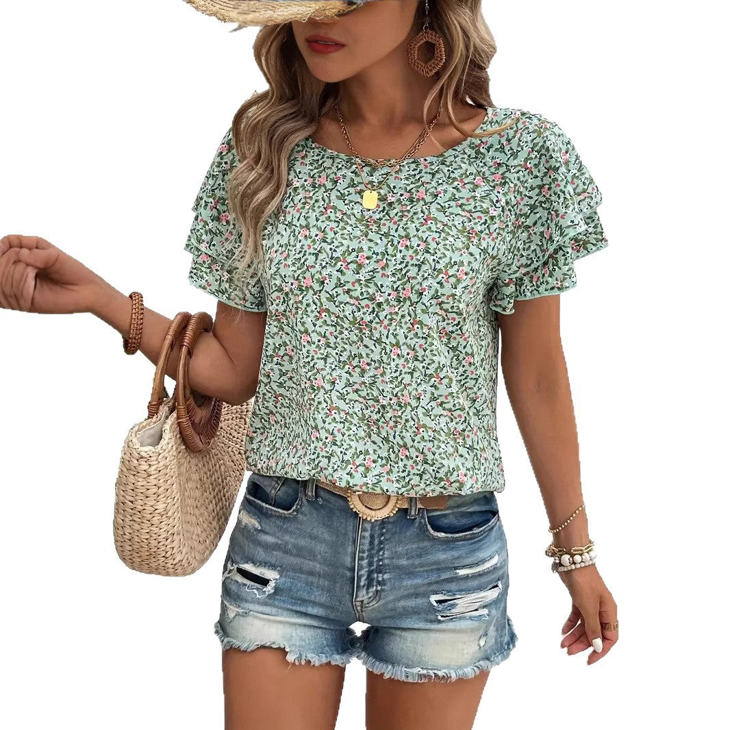 Damen Kurzarm Blusenshirt mit Rüschendetails und floralem Design Heidi-Mode