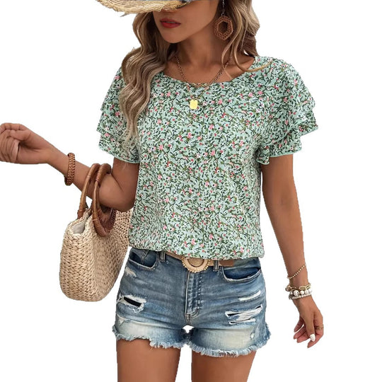 Damen Kurzarm Blusenshirt mit Rüschendetails und floralem Design Heidi-Mode