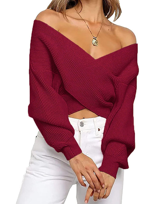 Damen eleganter cropped Pullover mit weitem V-Ausschnitt und Rippstruktur Heidi-Mode