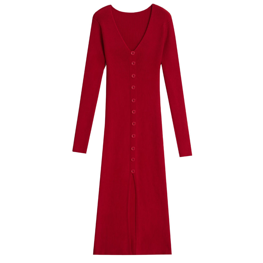 Damen Langärmliges Maxikleid mit Rippstruktur und Knopfdetail Heidi-Mode