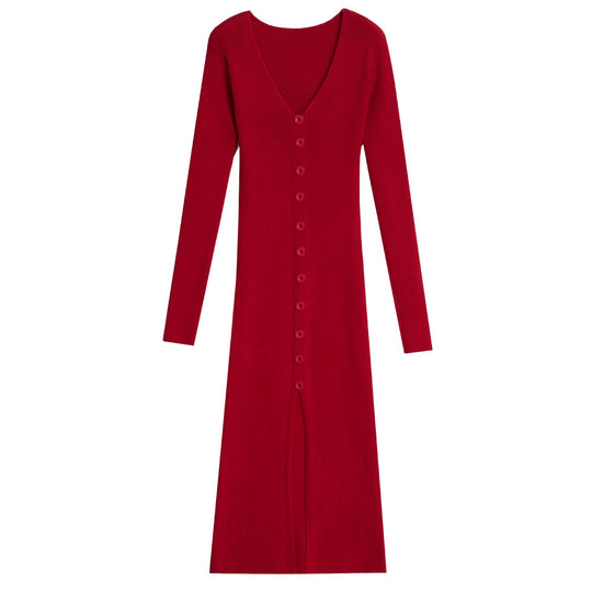 Damen Langärmliges Maxikleid mit Rippstruktur und Knopfdetail Heidi-Mode