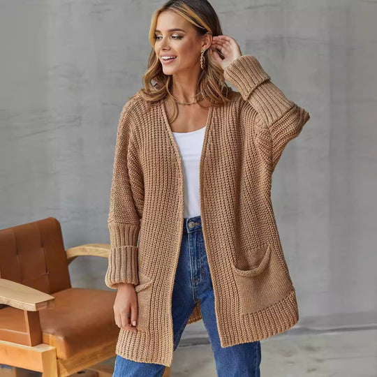 Damen Lange Strickjacke mit lockerer Passform und praktischen Taschen Heidi-Mode