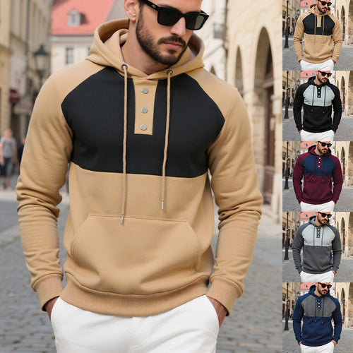 Herren Kapuzensweater mit modernem Henley-Ausschnitt und kontrastierenden Ärmeln Heidi-Mode