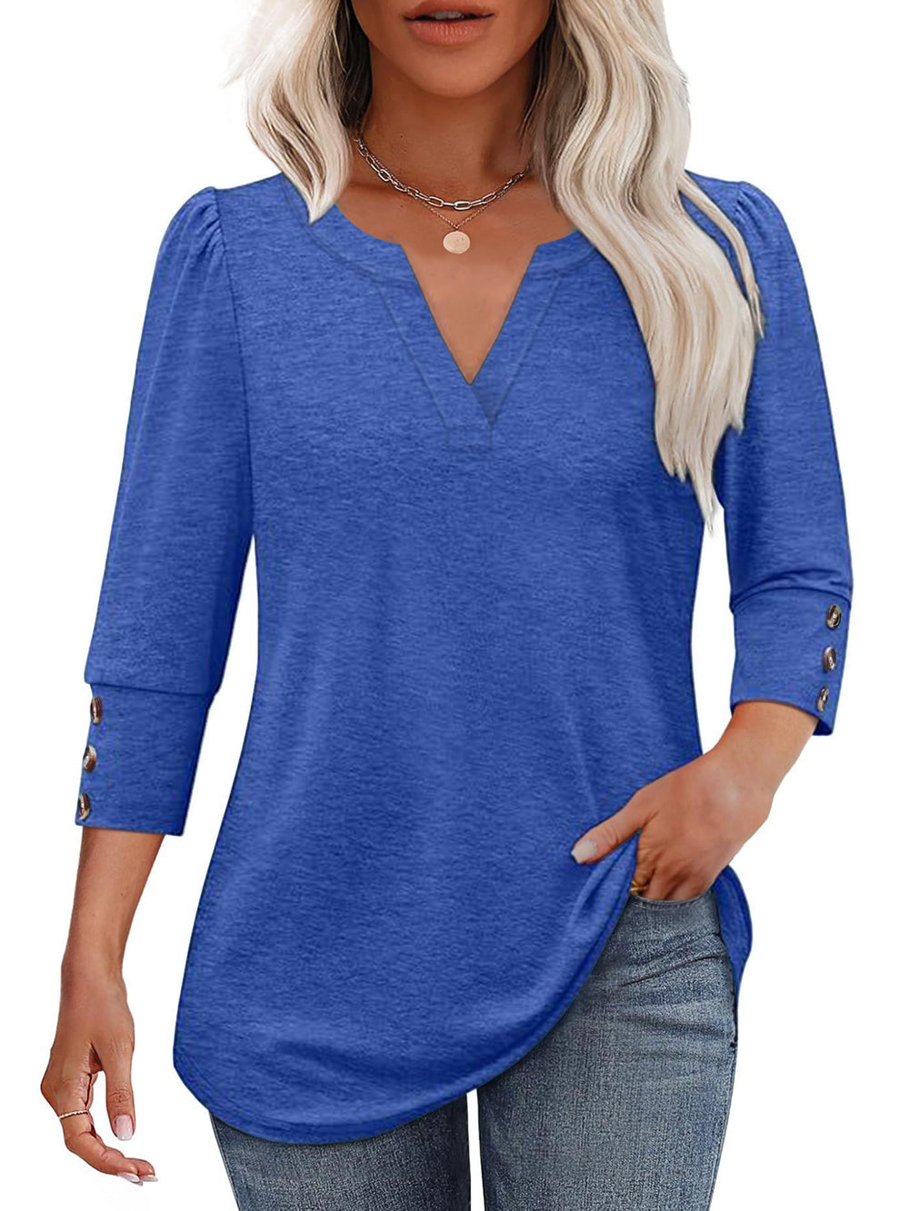 Damen V-Ausschnitt Bluse mit dekorativen Knopfdetails Heidi-Mode