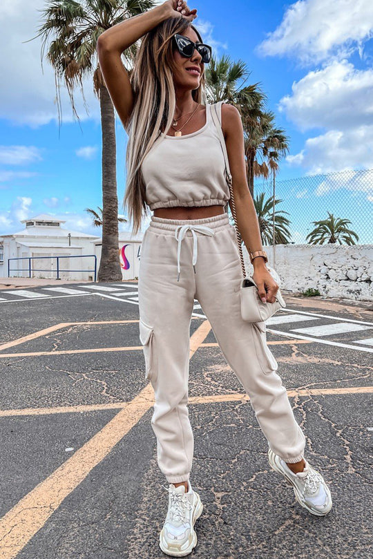 Damen lässiges Crop-Top und Jogginghose-Set mit verstellbarem Kordelzug Heidi-Mode