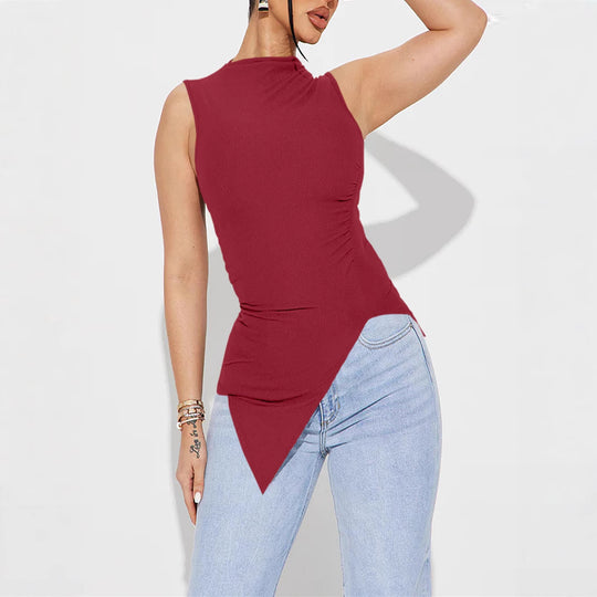 Damen ärmelloses Oberteil mit asymmetrischem Saum und Raffung Heidi-Mode