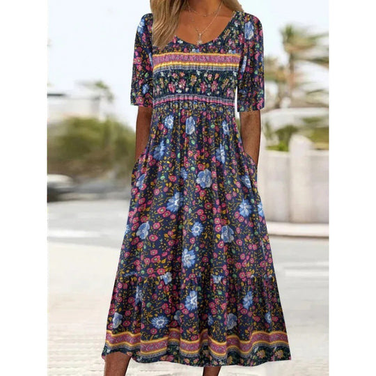 Heidi-Mode | Bedrucktes Kleid Rundhalsausschnitt Kurzarmrock