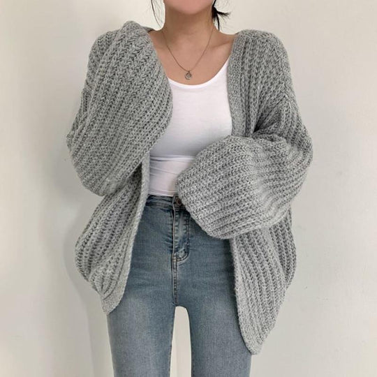 Damen grob gestrickte Oversized Cardigan mit tiefem V-Ausschnitt Heidi-Mode