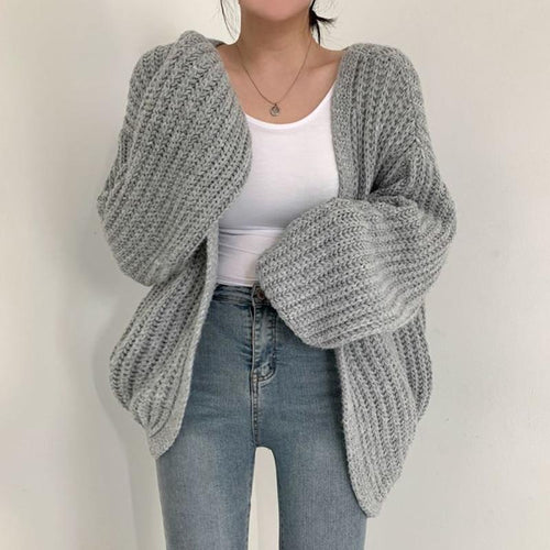 Damen grob gestrickte Oversized Cardigan mit tiefem V-Ausschnitt Heidi-Mode