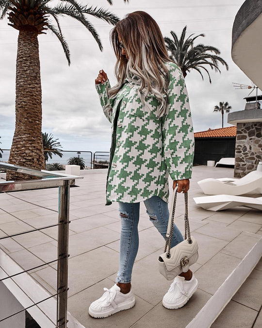 Damen modischer Oversized Hemdenjacke im Hahnentritt-Muster Heidi-Mode