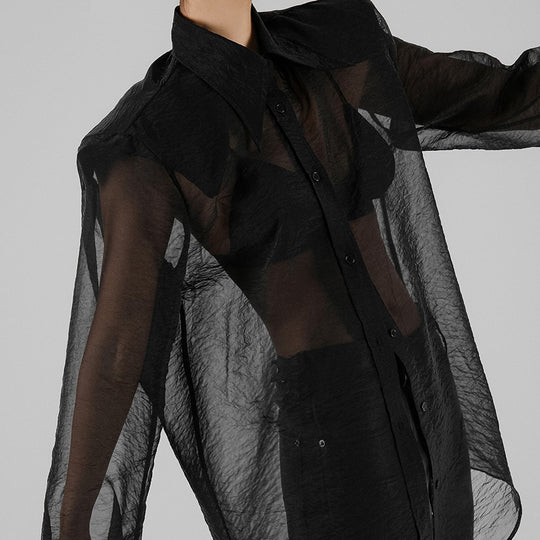 Damen Übergröße Hemdbluse mit asymmetrischem Design und transparenten Ärmeln Heidi-Mode