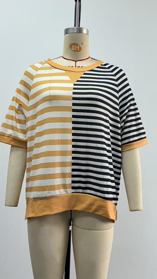 Heidi Mode | Gestreifte farblich passende Rundhalsausschnitt lose kurze Ärmel