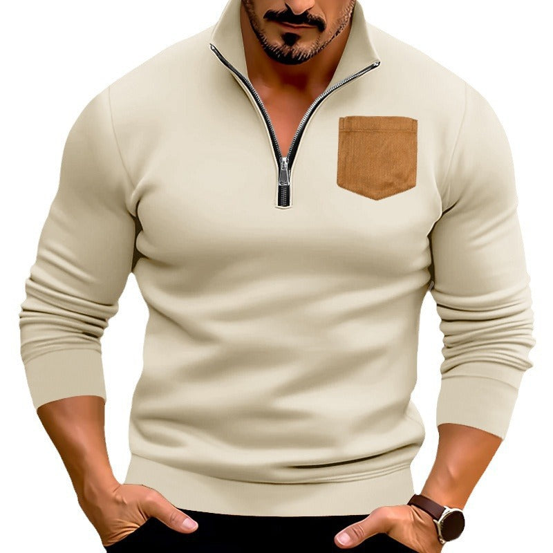 Herren sportlicher Pullover mit halbem Reißverschluss und kontrastierender Brusttasche Heidi-Mode