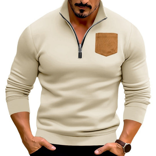 Herren sportlicher Pullover mit halbem Reißverschluss und kontrastierender Brusttasche Heidi-Mode
