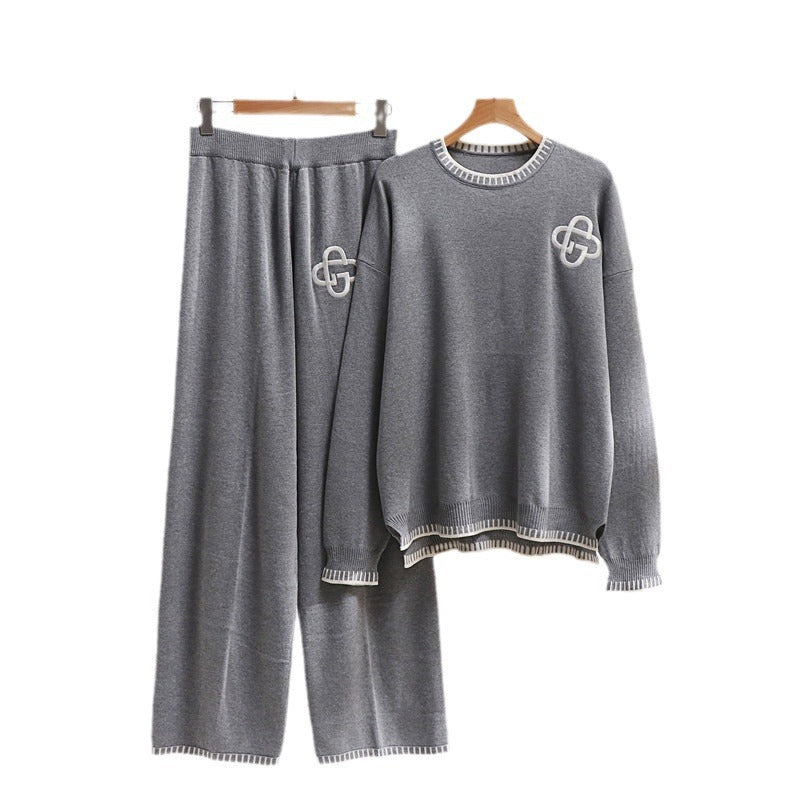 Damen lässiges Strick-Loungewear-Set mit dekorativen Kontrastdetails Heidi-Mode