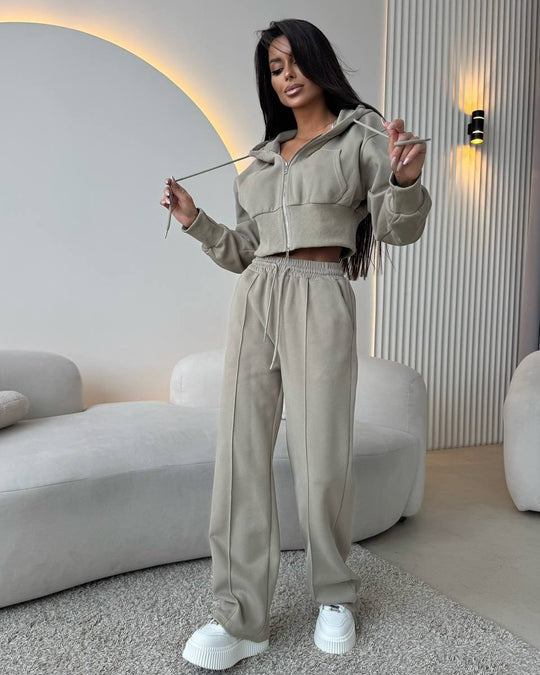 Damen modisches Zweiteiliges Sport-Loungewear-Set mit cropped Hoodie und weitem Schnitt Heidi-Mode