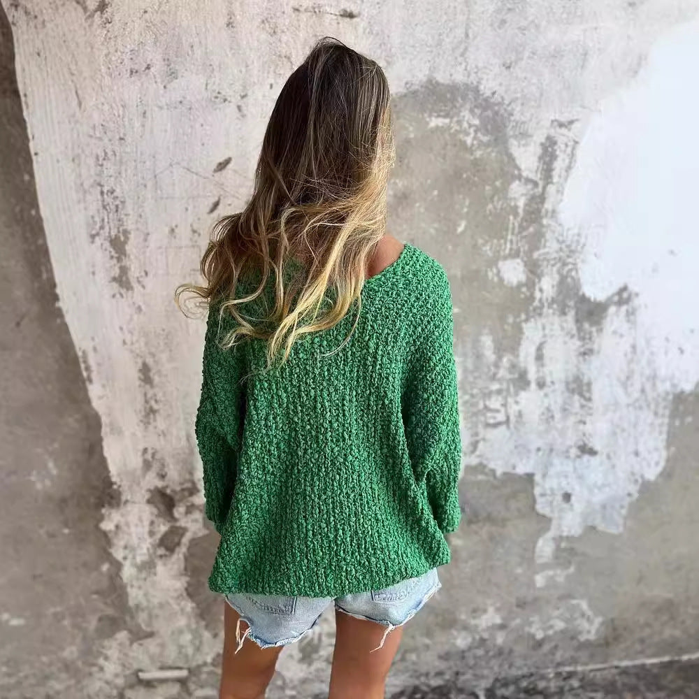 Damen Bequemes V-Ausschnitt Sweatshirt mit Struktur und langen Ärmeln Heidi-Mode