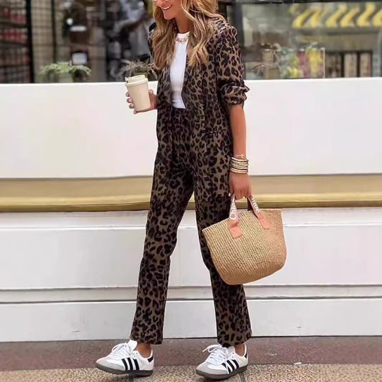 Damen elegantes Leinenanzug-Set im Leopardenmuster mit tailliertem Blazer und geraden Hose Heidi-Mode