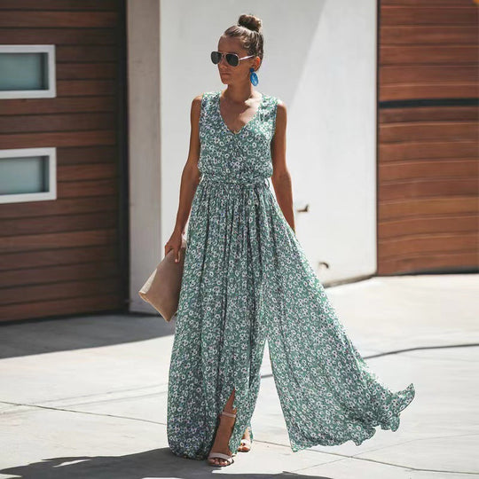 Heidi-Mode | Kleines Blumenmuster Maxikleid mit Ärmellosem Design und V-Ausschnitt
