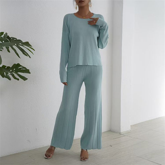 Damen lässiges und elegantes Strick-Loungewear-Set mit weitem Bein und feinen Rippenstrukturen Heidi-Mode