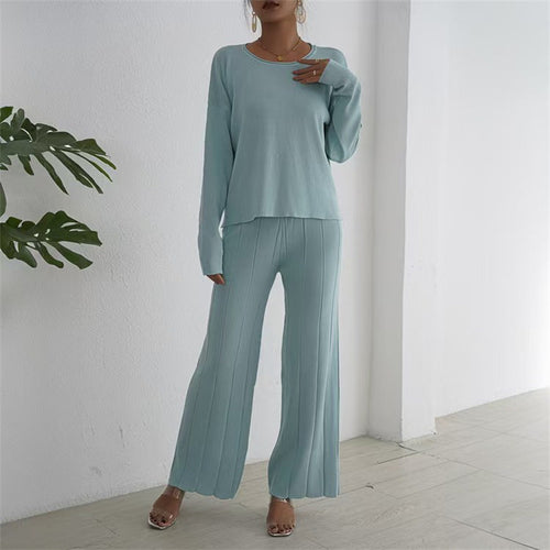 Damen lässiges und elegantes Strick-Loungewear-Set mit weitem Bein und feinen Rippenstrukturen Heidi-Mode