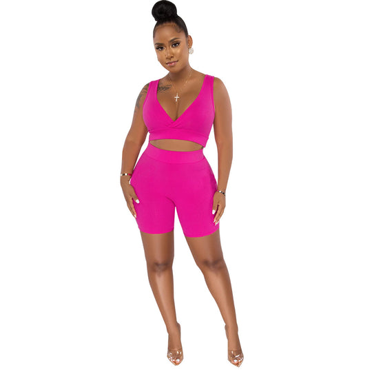 Damen Sportliches Set aus Cropped Oberteil und Radlerhosen mit Rippstruktur Heidi-Mode