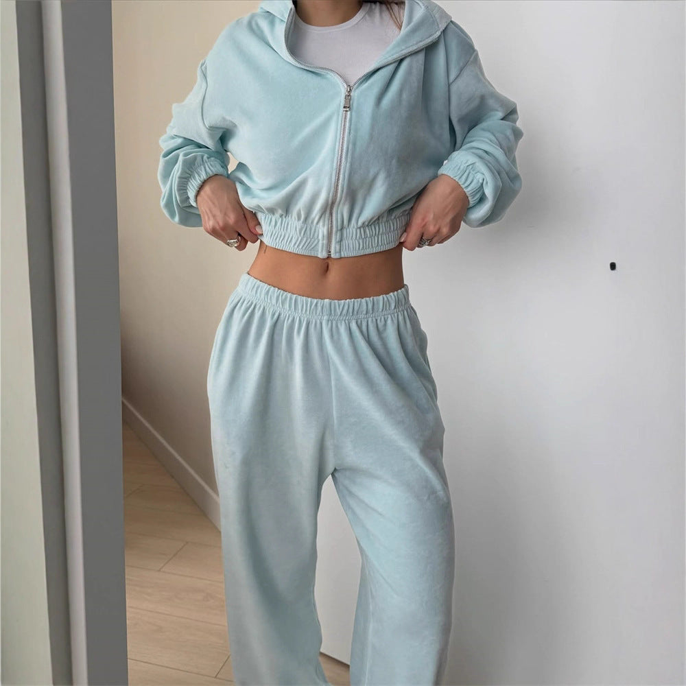 Damen lässiges Crop-Hoodie-Set mit weiten Hosen Heidi-Mode