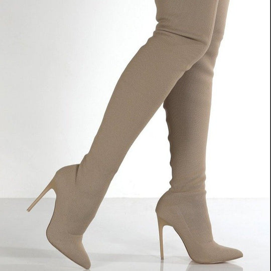 Damen Overknee Stiefel mit elegantem Absatz und hochwertiger Strickstruktur Heidi-Mode