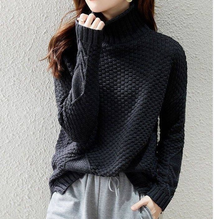 Damen Grobstrickpullover mit hohem Kragen und strukturiertem Design Heidi-Mode