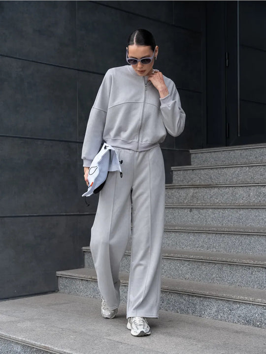 Damen Sportliche Loungewear-Jacke und weite Hose mit elastischem Bund Heidi-Mode