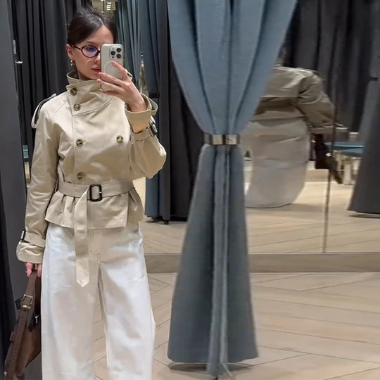 Damen Eleganter Kurz-Trenchcoat mit doppelter Knopfleiste und Taillengürtel Heidi-Mode