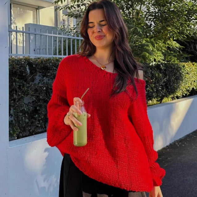 Damen oversized Strickpullover mit offenen Schultern und voluminösen Ärmeln Heidi-Mode