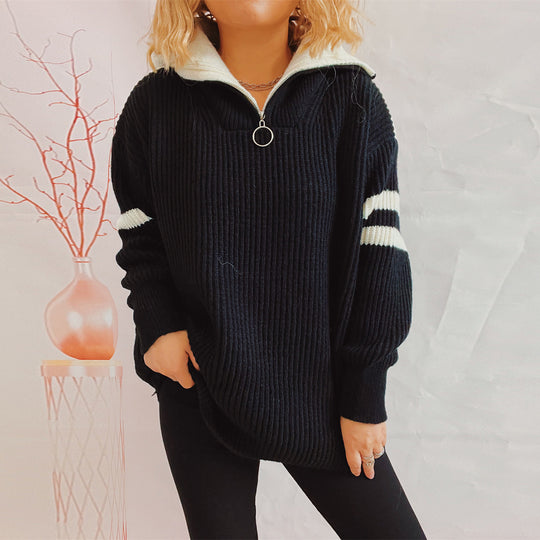 Damen lässiger Pullover im sportlichen Stil mit Stehkragen und Reißverschluss Heidi-Mode