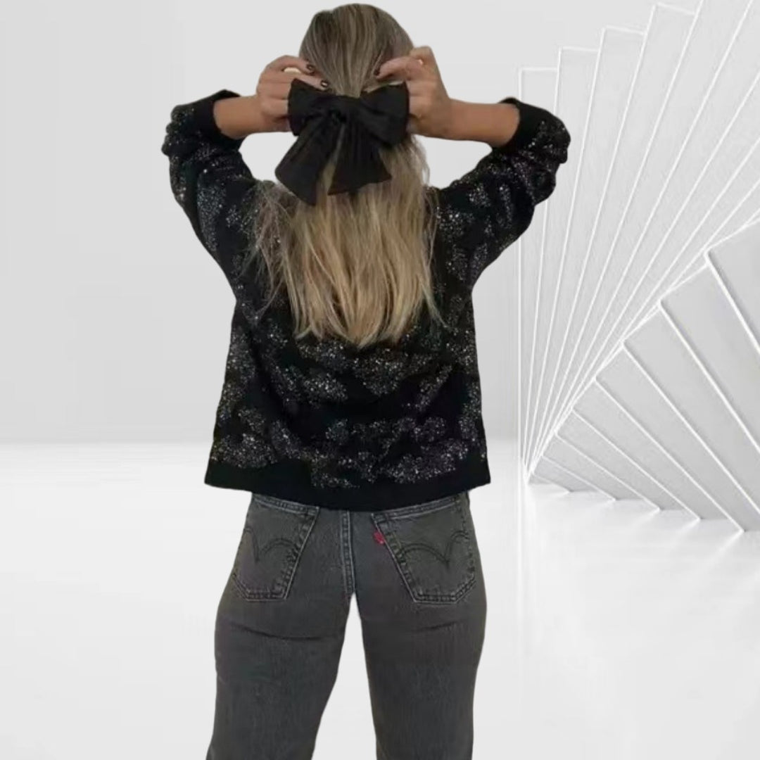 Damen Glitzernde Bomberjacke mit rüschenbesetzten Ärmeln und luxuriösem Design Heidi-Mode