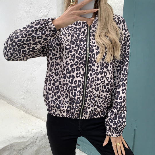 Damen Bomberjacke mit Leopardenmuster und elastischen Bündchen Heidi-Mode
