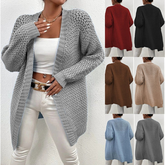 Damen Strickjacke mit offener Front und luftiger Häkelstruktur Heidi-Mode