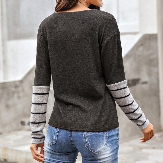 Damen Lässiges Langarmshirt mit gestreiften Ärmeln Heidi-Mode