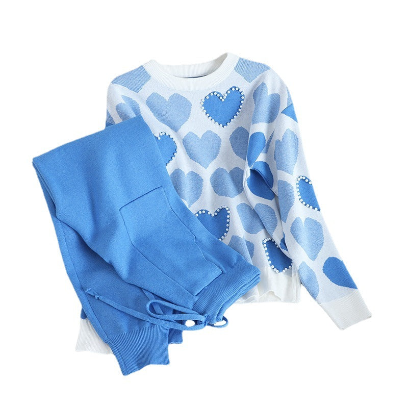 Damen kuscheliges Strick-Loungewear-Set mit Herzmuster Heidi-Mode