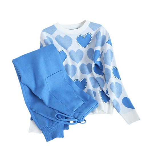 Damen kuscheliges Strick-Loungewear-Set mit Herzmuster Heidi-Mode