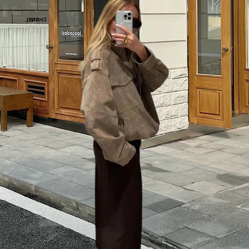 Damen Fetziges Wildlederjacke mit praktischen Taschen Heidi-Mode